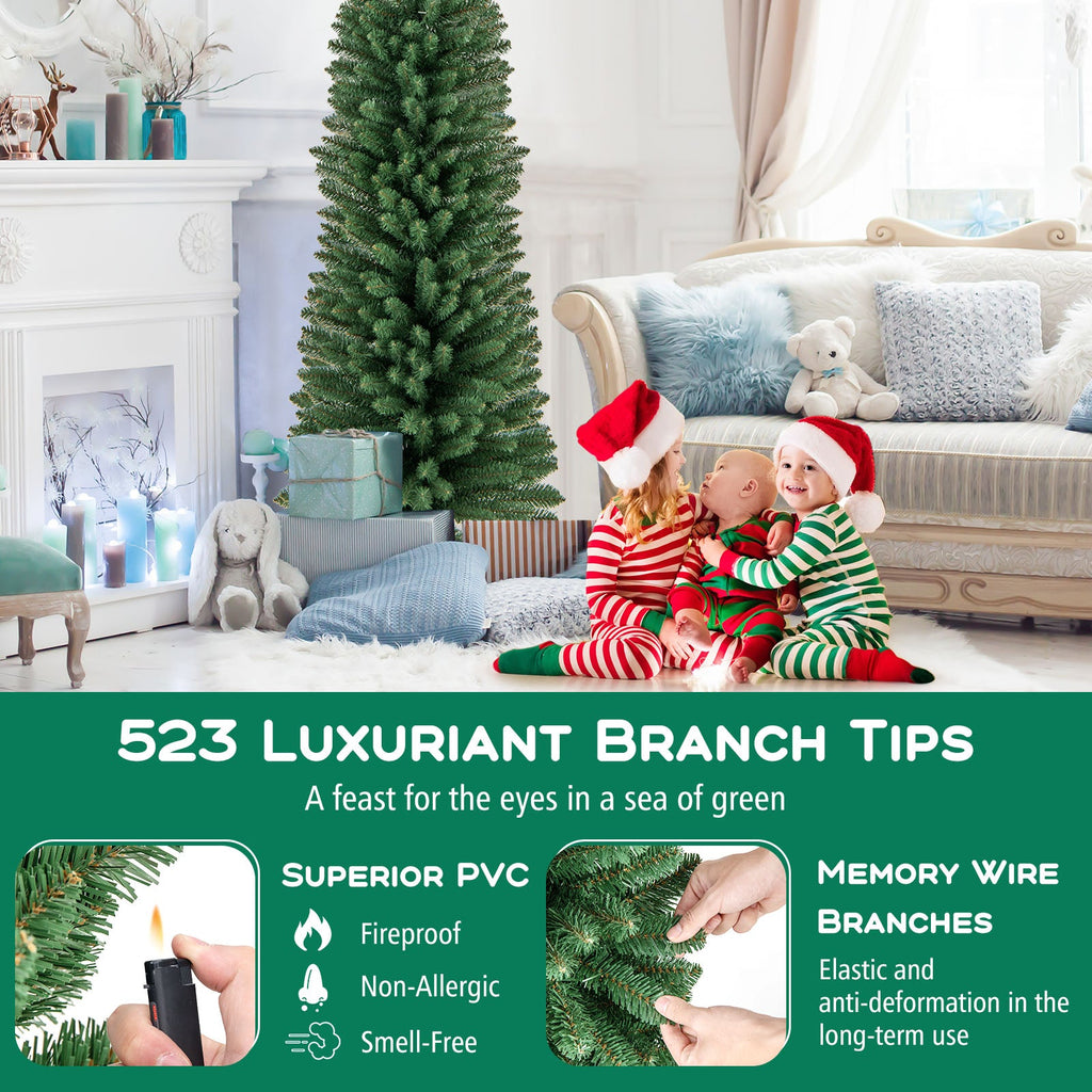 5/6/7/8 Feet Pencil Christmas Tree with 295/392/523/671 Memory Wire Branch Tips and Upgraded Metal Stand