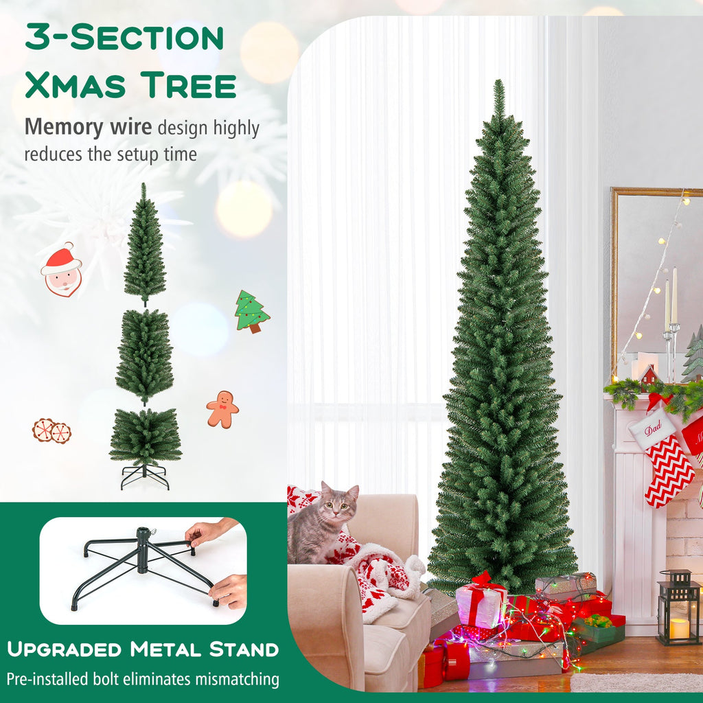 5/6/7/8 Feet Pencil Christmas Tree with 295/392/523/671 Memory Wire Branch Tips and Upgraded Metal Stand