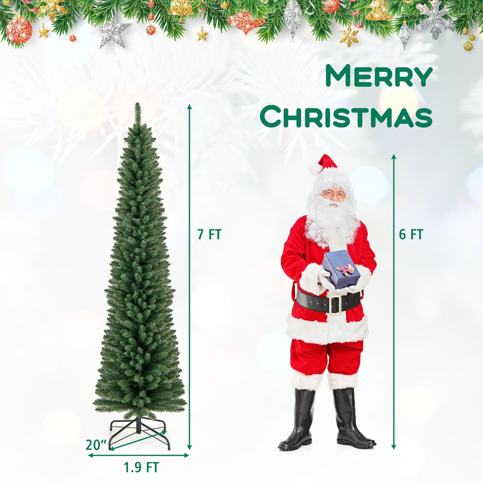 5/6/7/8 Feet Pencil Christmas Tree with 295/392/523/671 Memory Wire Branch Tips and Upgraded Metal Stand