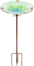 26 Inch Height Glass Birdbath Birdfeeder with Metal Stake Garden Outdoor Green