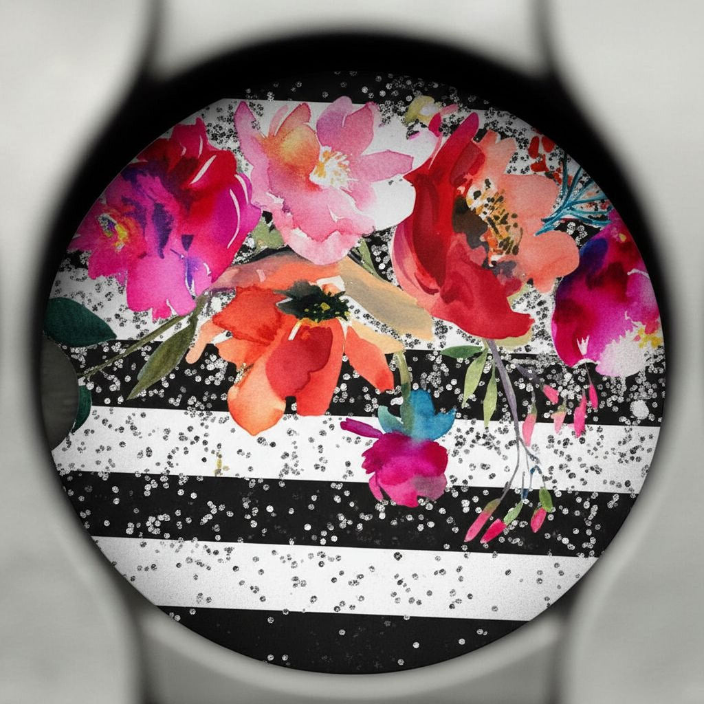 Floral Car Coaster - Black White Stripe Sandstone Moisture Absorbing Coaster