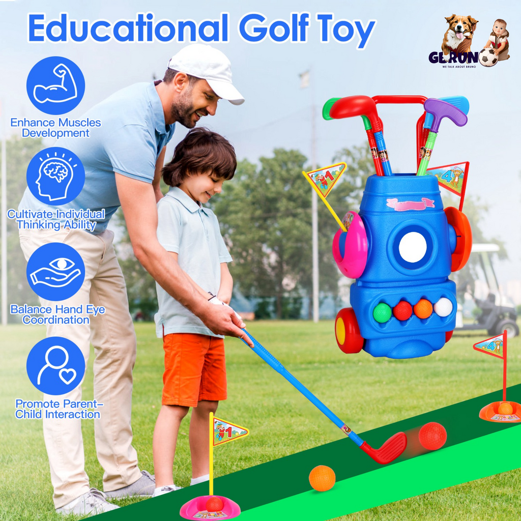 Toddler Golf Set with 4 Balls 4 Clubs 2 Holes 2 Flags Golf Cart Indoor Outdoor Golf Game Gift For 3-5 Years Old Kids