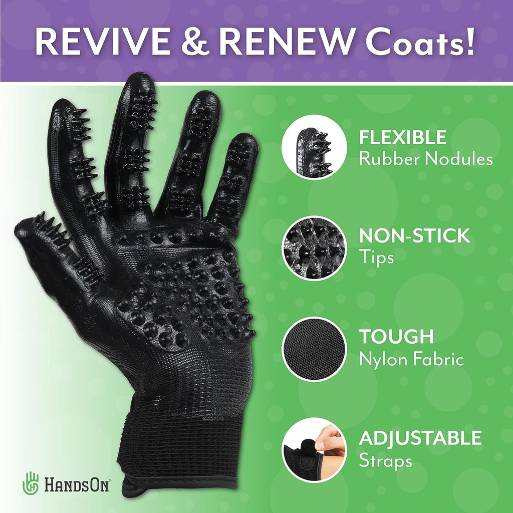 HandsOn Pet Grooming Gloves Gentle Brush for Cats Dogs Horses Black Medium Size