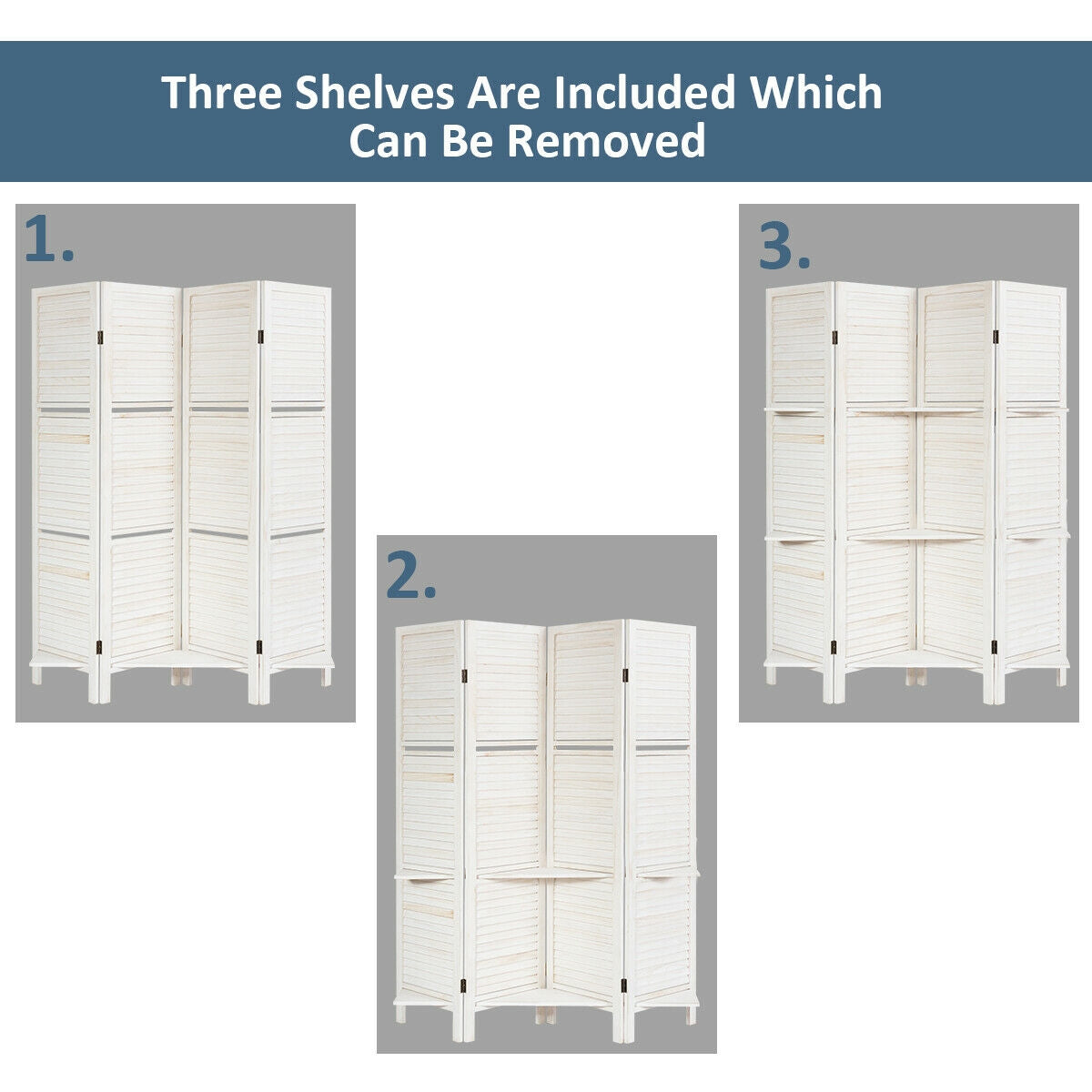 4 Panel Folding Room Divider Screen with 3 Display Shelves