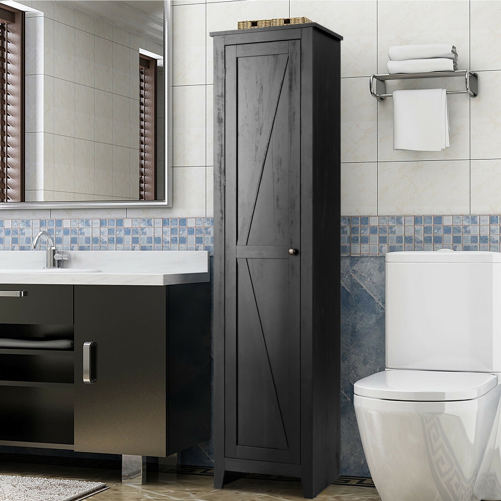Linen Tower Bathroom Storage Cabinet Tall Slim Side Organizer with Shelf