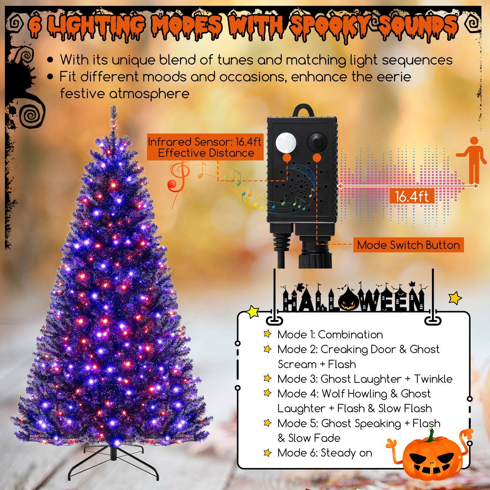 6/7/8 Feet Artificial Christmas Tree with 6 Lighting Modes and Spooky Sounds