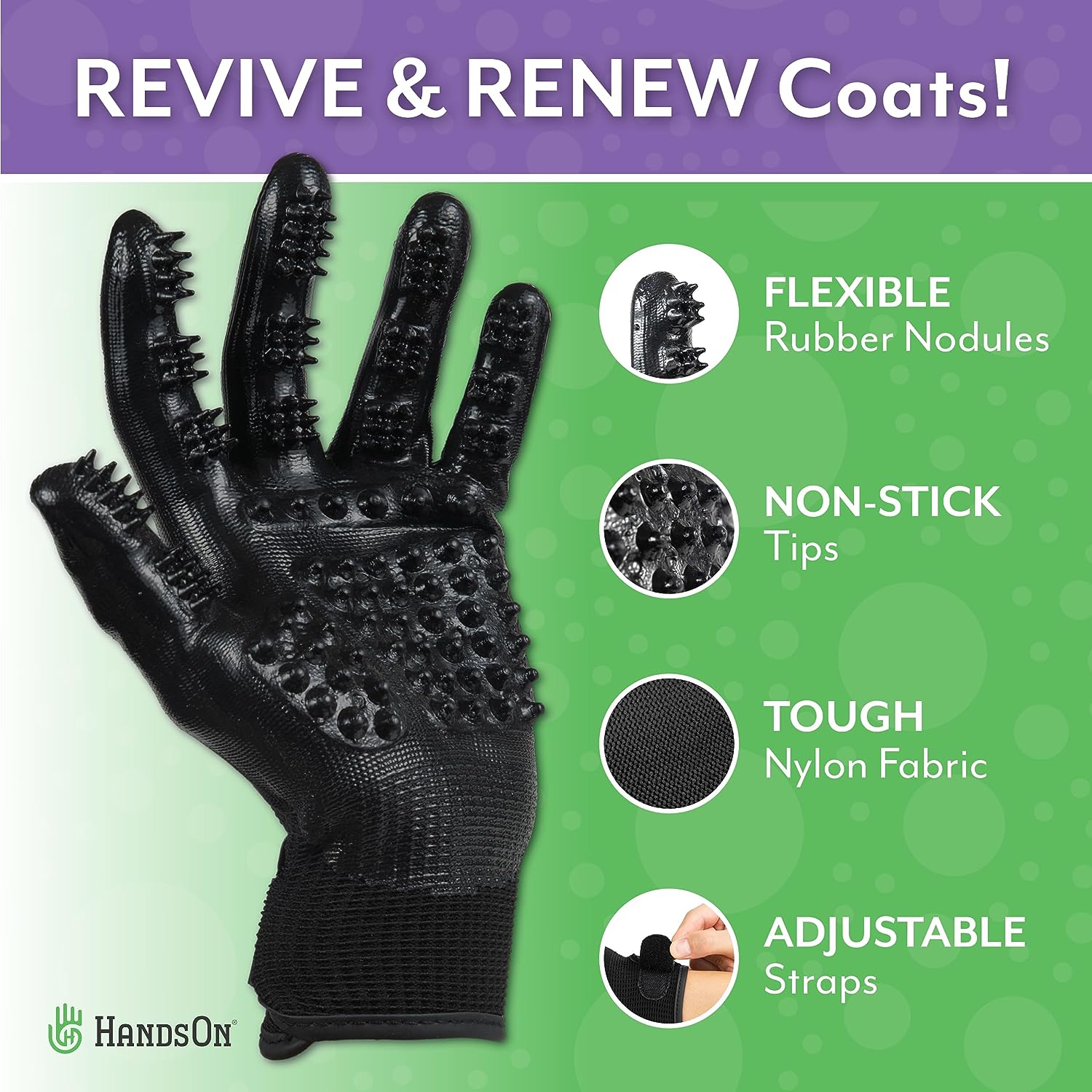 HandsOn Pet Grooming Gloves for Dogs Cats & Horses Black Assorted Sizes