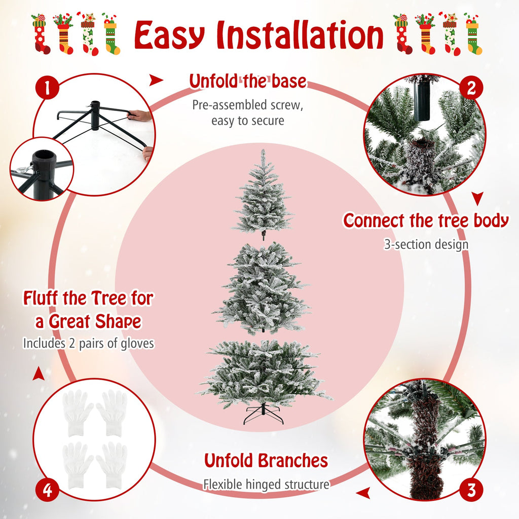 8 Feet Snow Flocked Artificial Christmas Tree with Cool White LED Lights