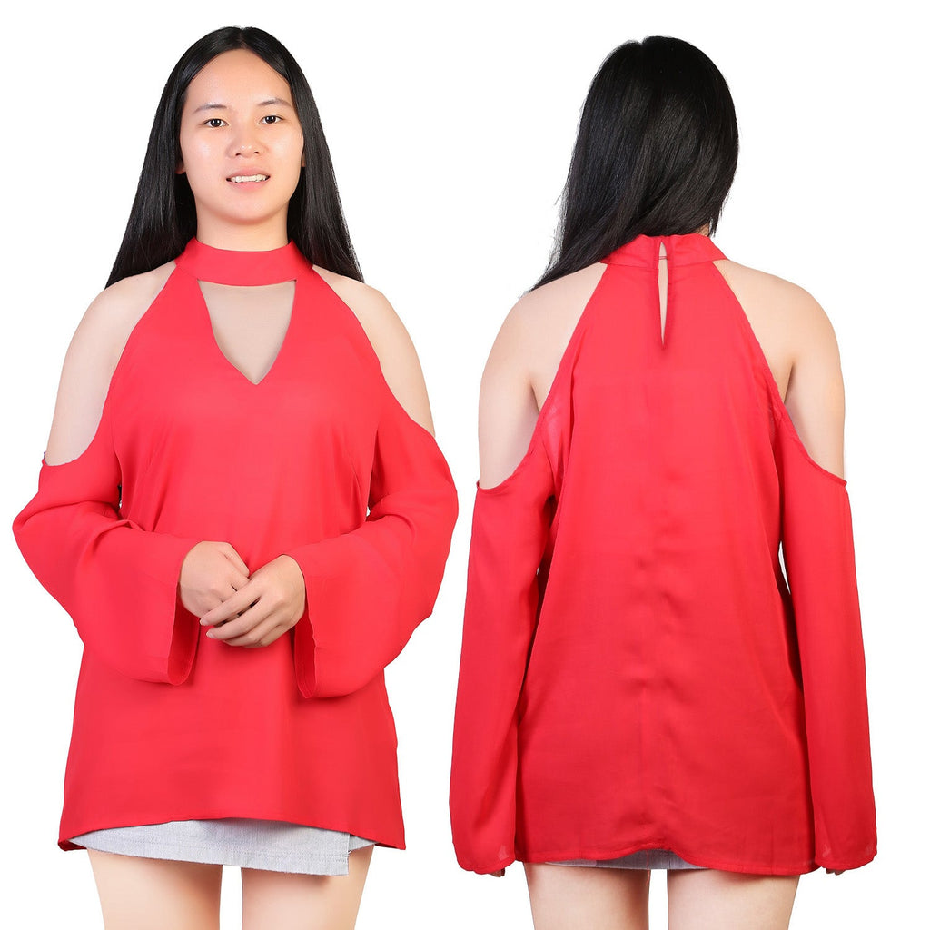 Off-the-Shoulder Blouse with V-Neck and Long Sleeves