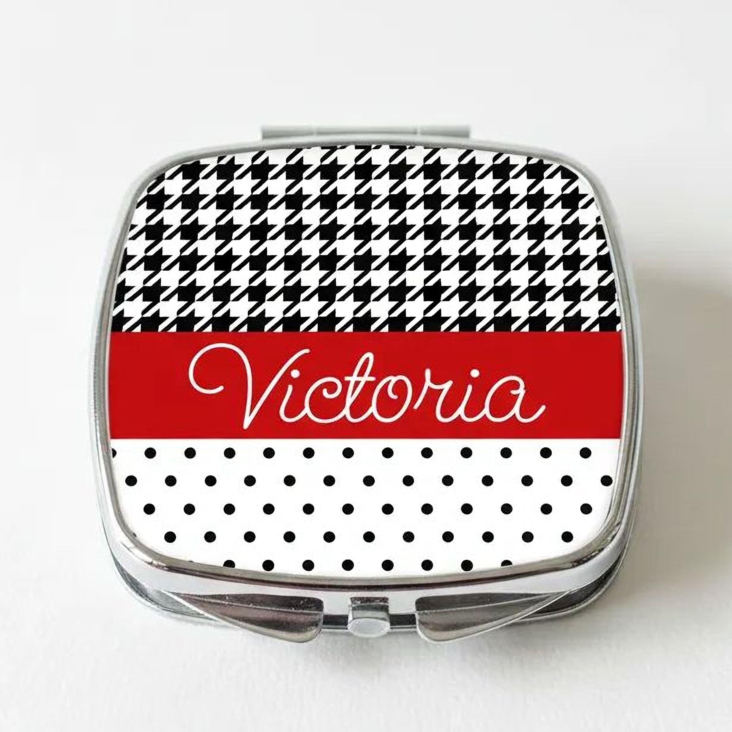 Personalized Compact Mirror - Red Black Polka Dot Houndstooth Custom Bridesmaids Gifts - Personalized Bridesmaids Gifts