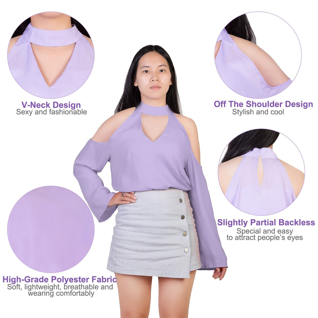 Off-the-Shoulder Blouse with V-Neck and Long Sleeves