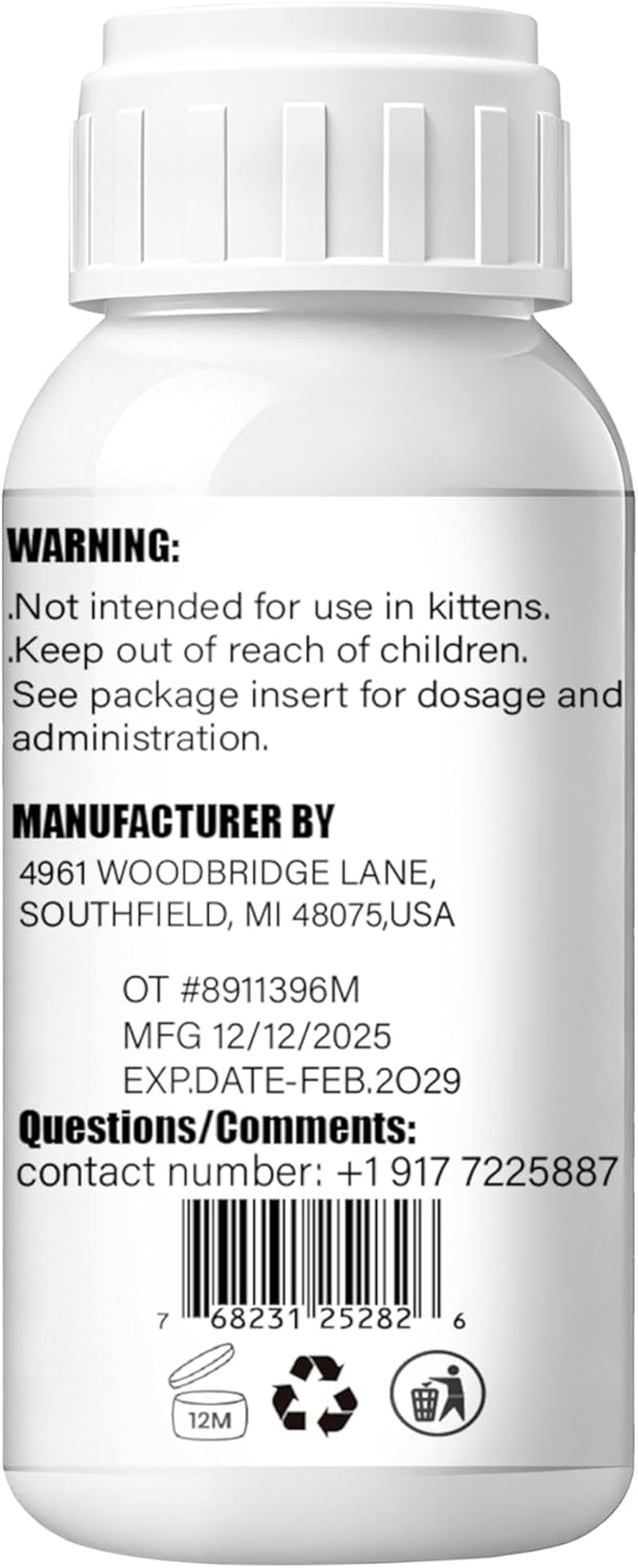 Cat Dewormer Liquid Broad Spectrum Tapeworm Roundworm Hookworm 120ml