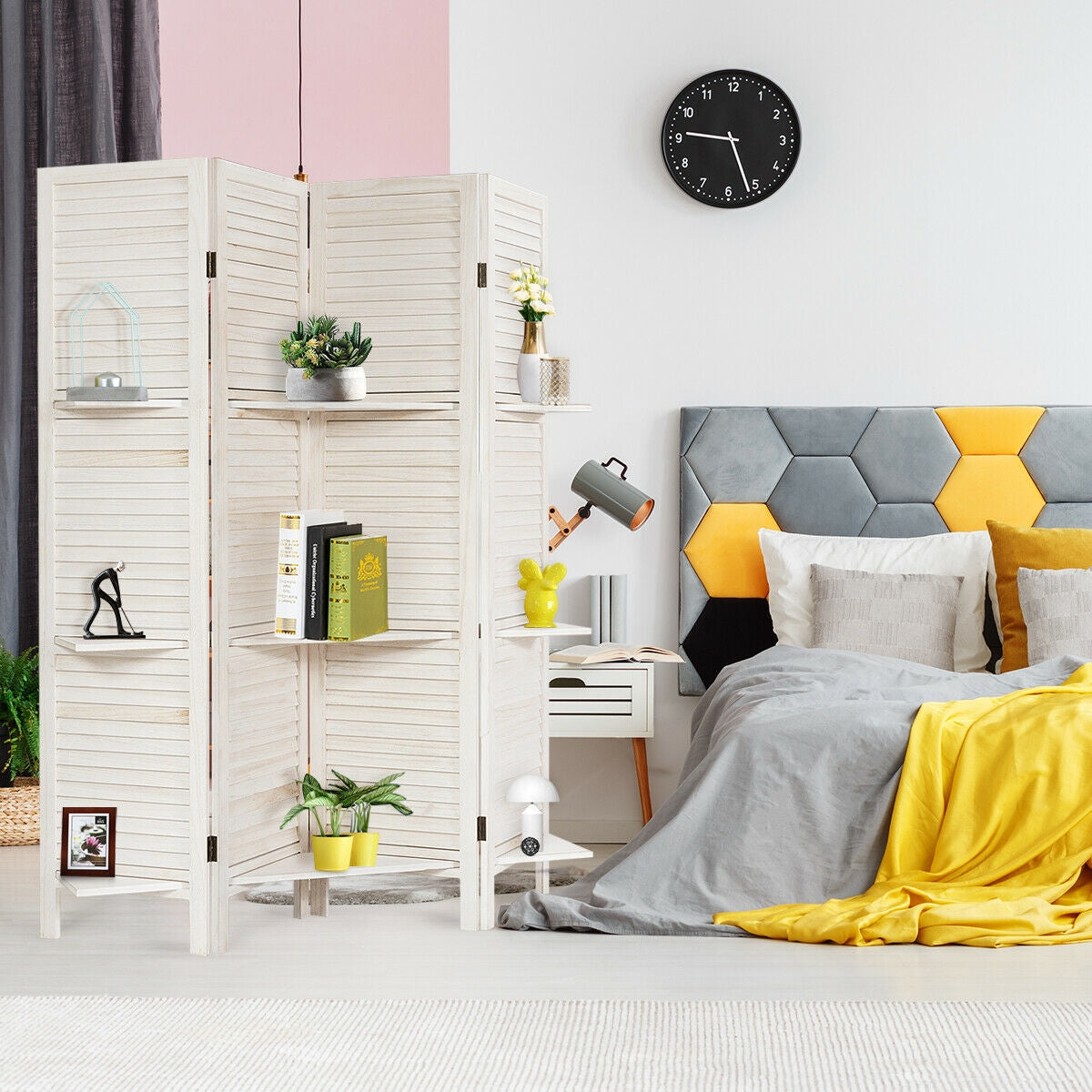 4 Panel Folding Room Divider Screen with 3 Display Shelves