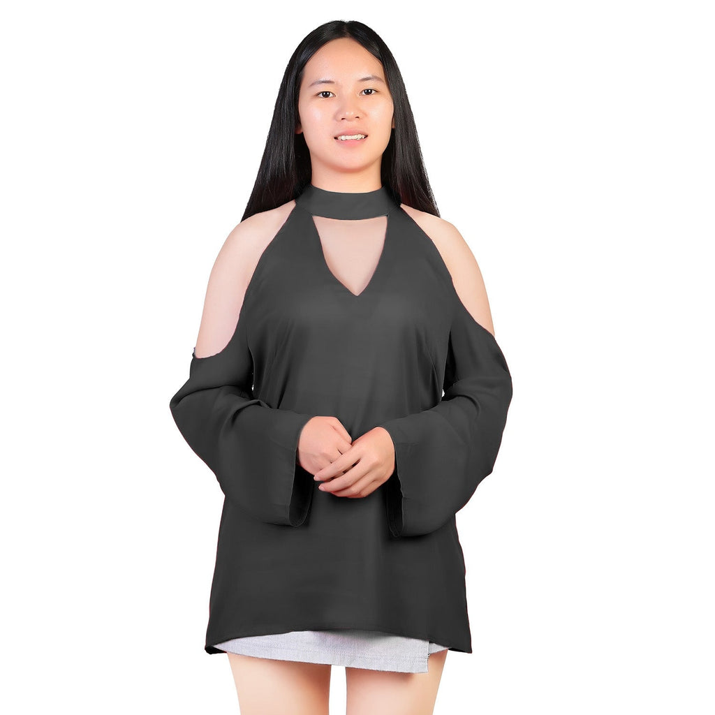 Off-the-Shoulder Blouse with V-Neck and Long Sleeves