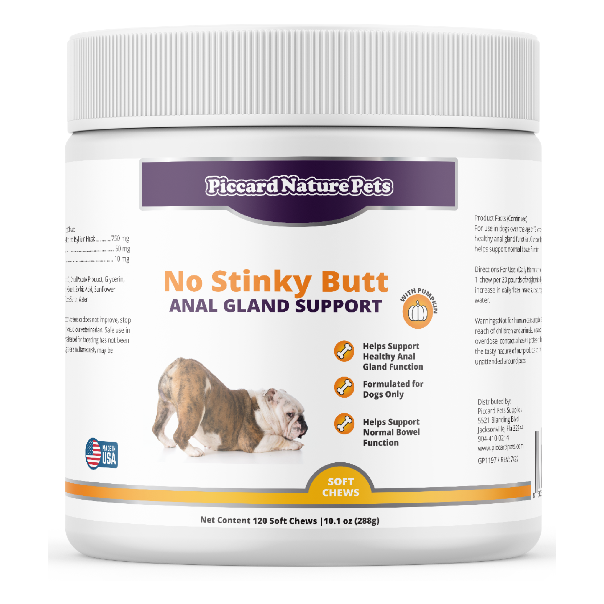PiccardNaturePets No Stinky Butt Anal Gland Dog Support 120 Count Chews