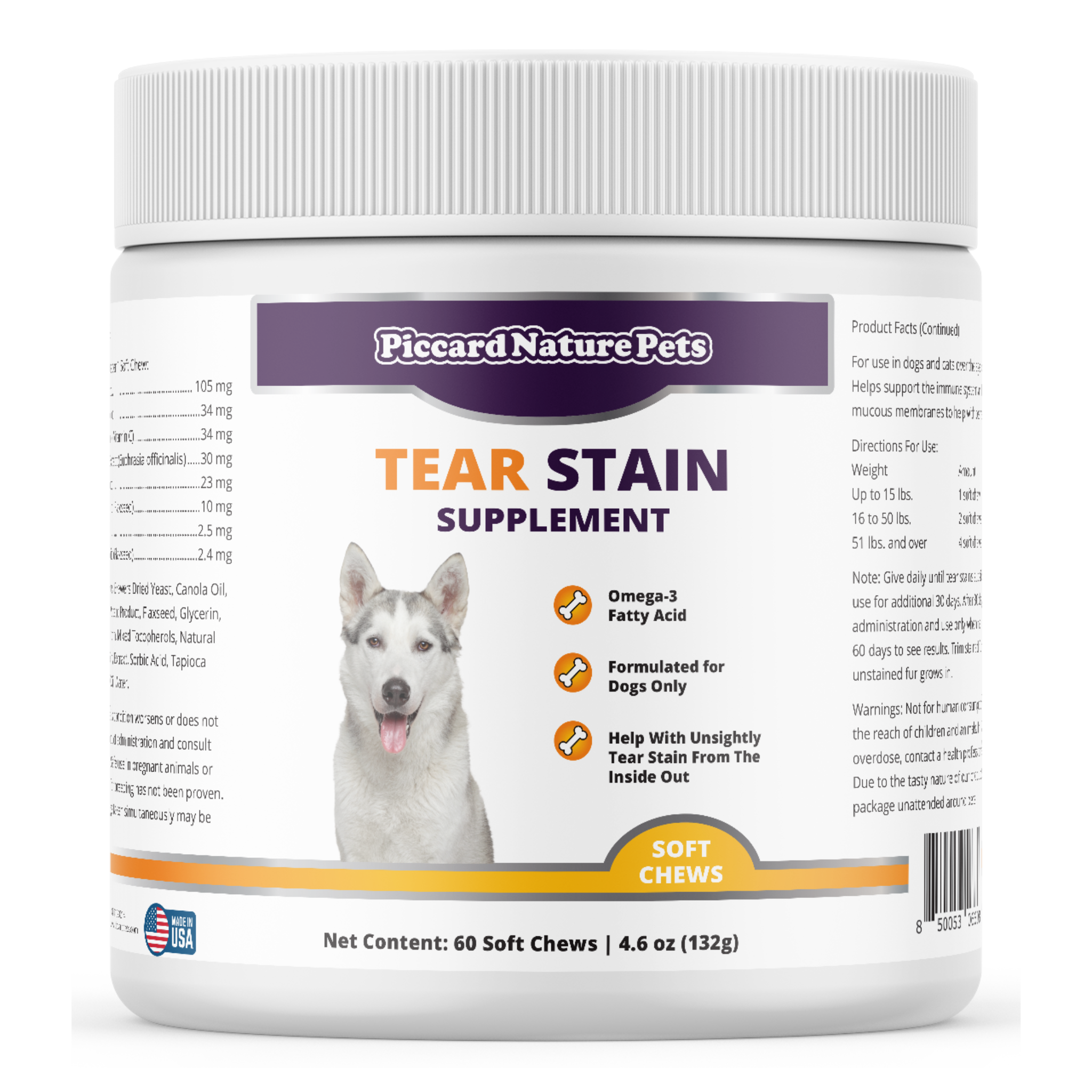 PiccardNaturePets Tear Stain Supplement with Lutein for Dogs 60 Count