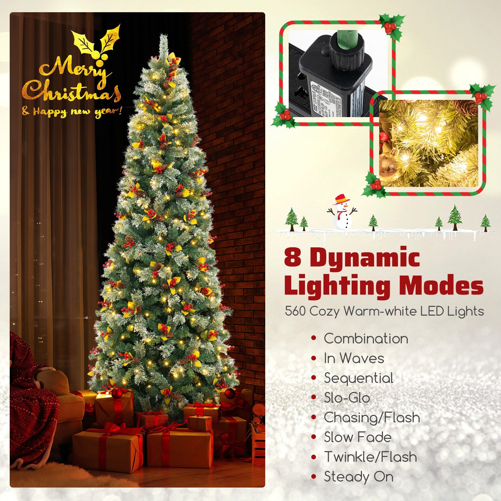 5/7.5/9 FT Pre-Lit Artificial Christmas Tree with 453/1096/1416 PVC and Pine Needles