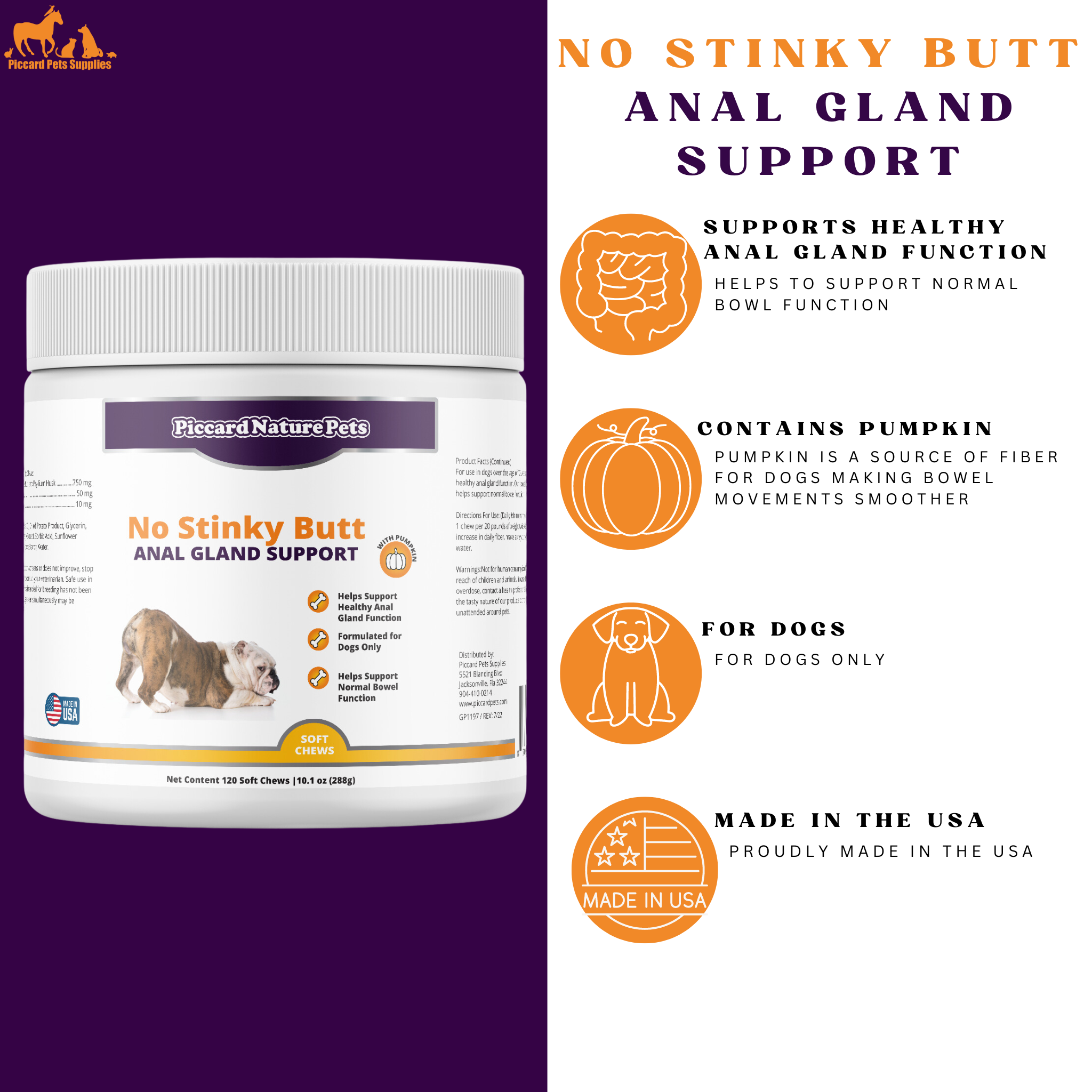 PiccardNaturePets No Stinky Butt Anal Gland Dog Support 120ct Chews + FREE Bandana!