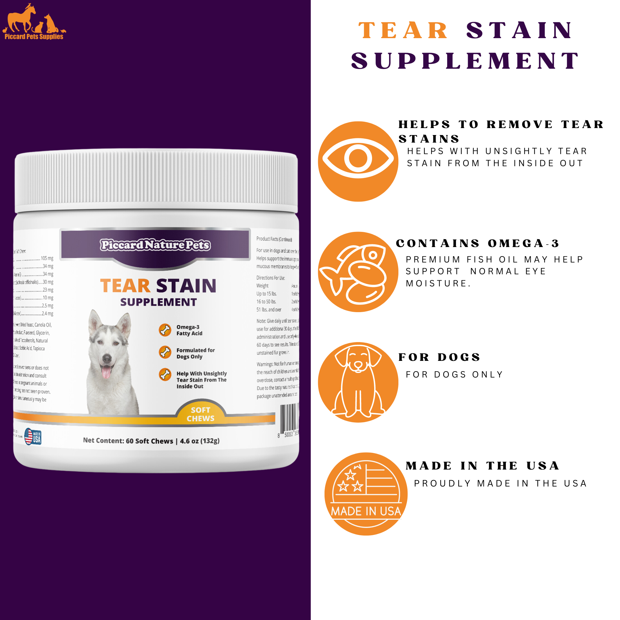 PiccardNaturePets Tear Stain Supplement with Lutein for Dogs 60 Count