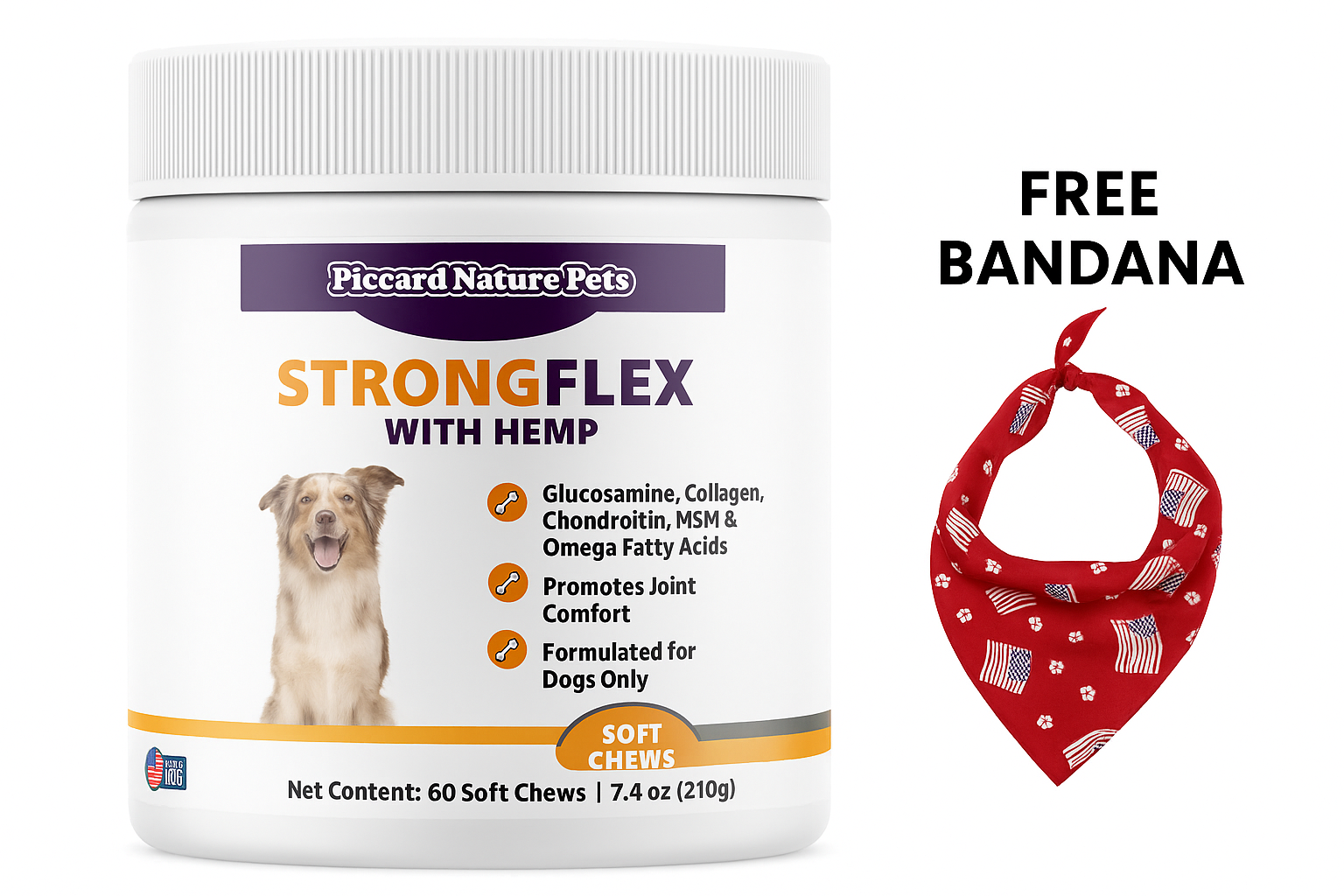 PiccardNaturePets StrongFlex Hemp Joint Support Dogs 60ct + FREE Bandana