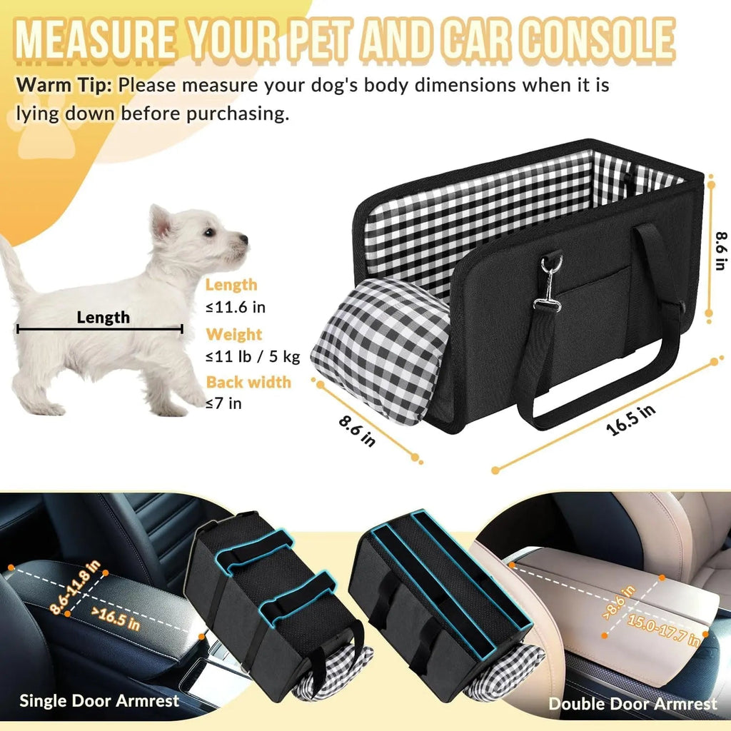 Console Dog Car Seat – Anti-Slip Booster with Safety Strap