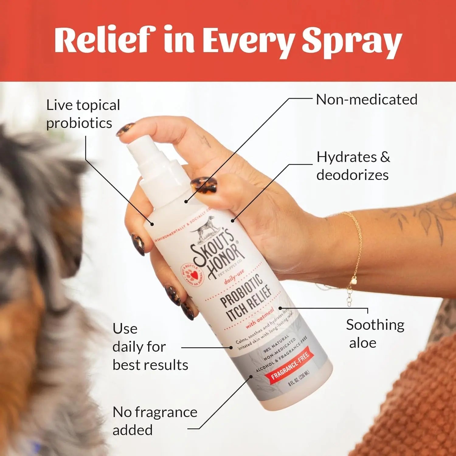 Dog Cat Probiotic Itch Relief Spray Natural Aloe Avocado Sensitive Skin