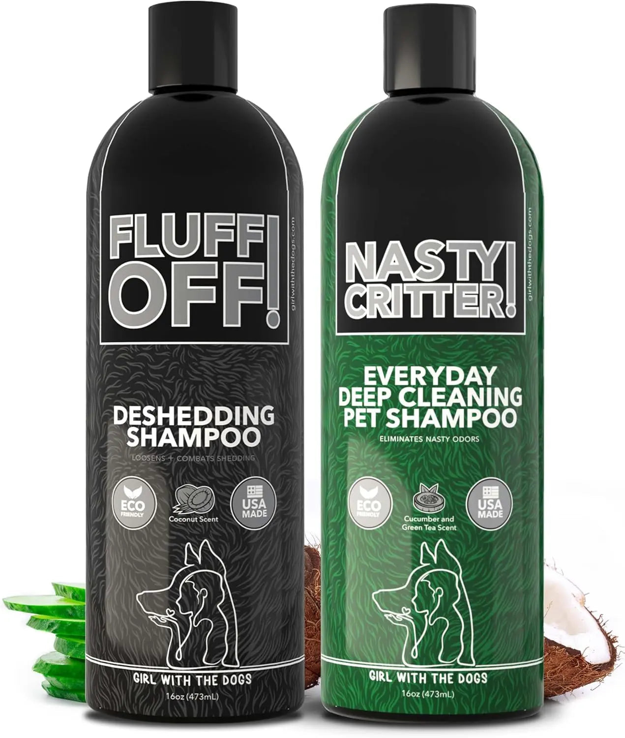 Fluff Off & Nasty Critter Dog Shampoo Set – Deshedding & Deep Clean, 16oz Each