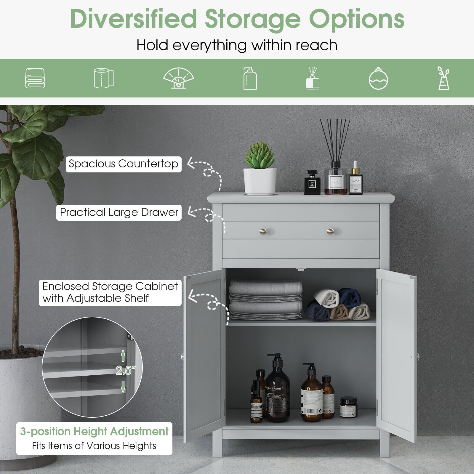 Free Standing Bathroom Storage Cabinet with Large Drawer