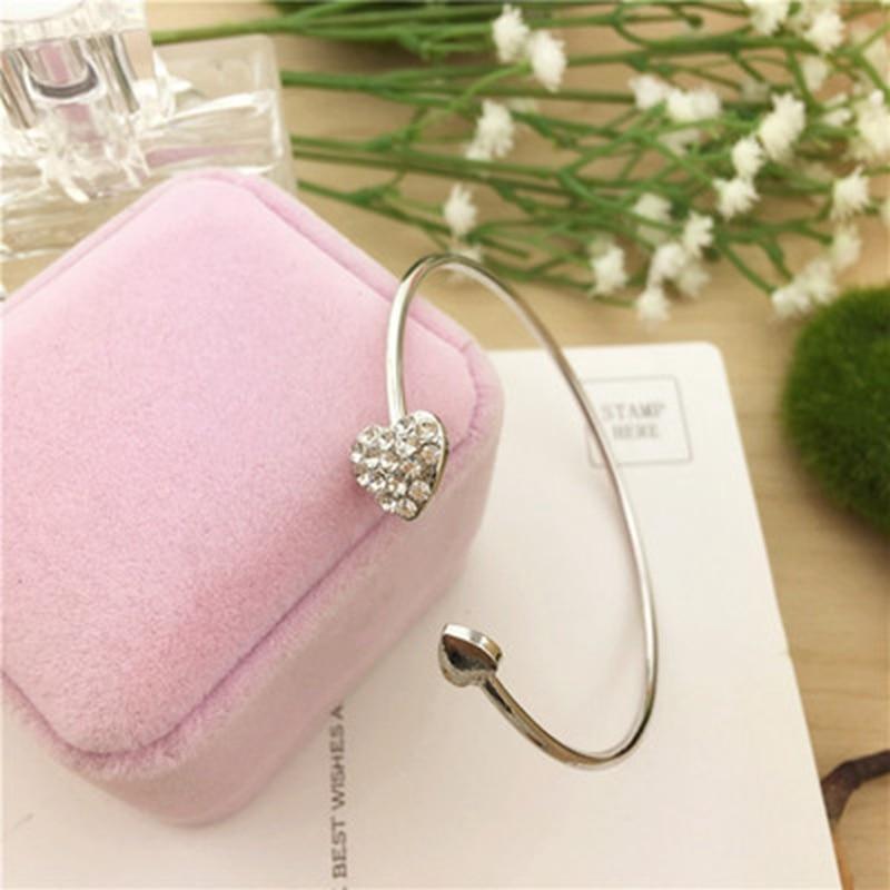 New Fashion Adjustable Stainless Steel Crystal Double Heart Bow Cuff Opening Bracelet For Women Jewelry Gift