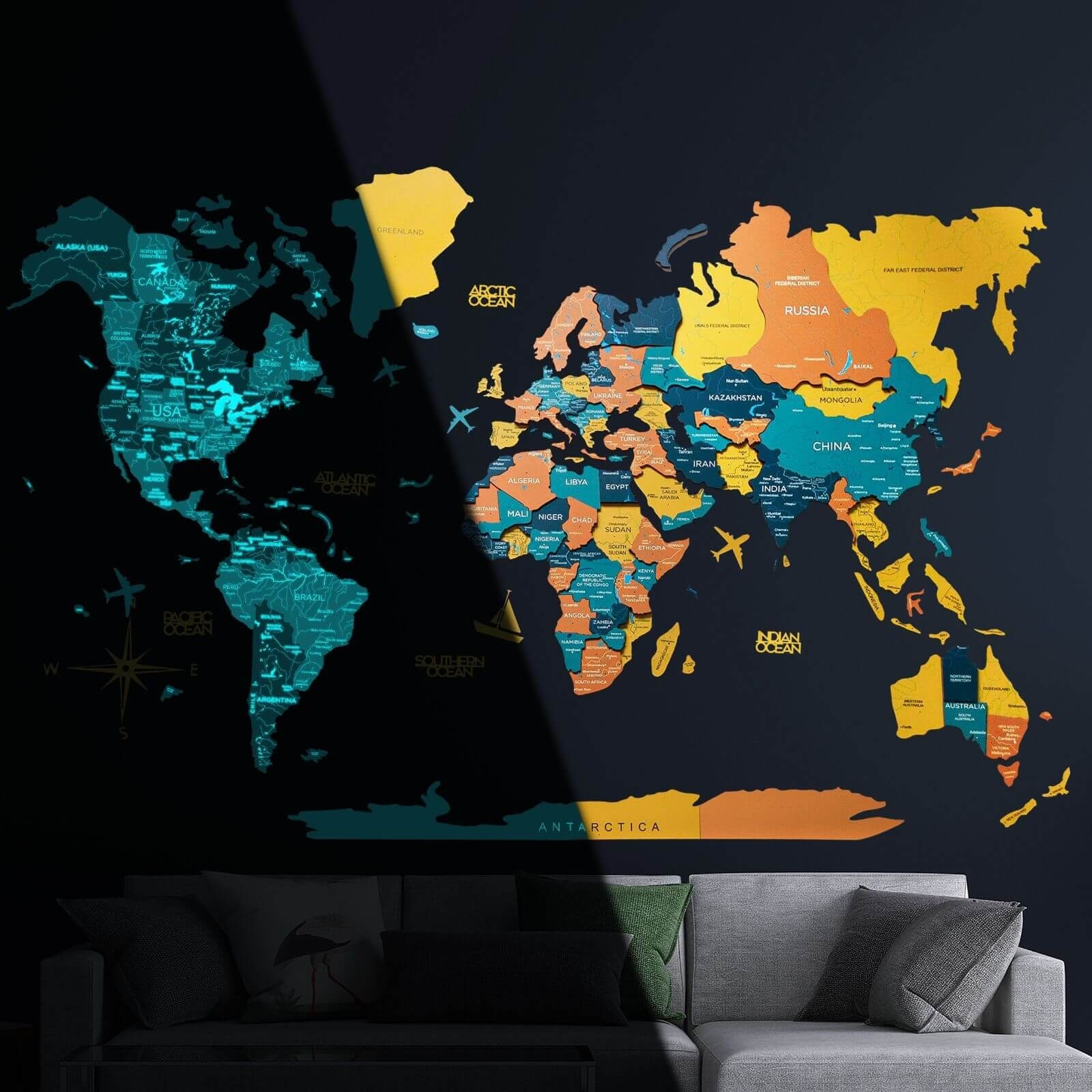 3D Luminous Colored Wooden World Map Indie