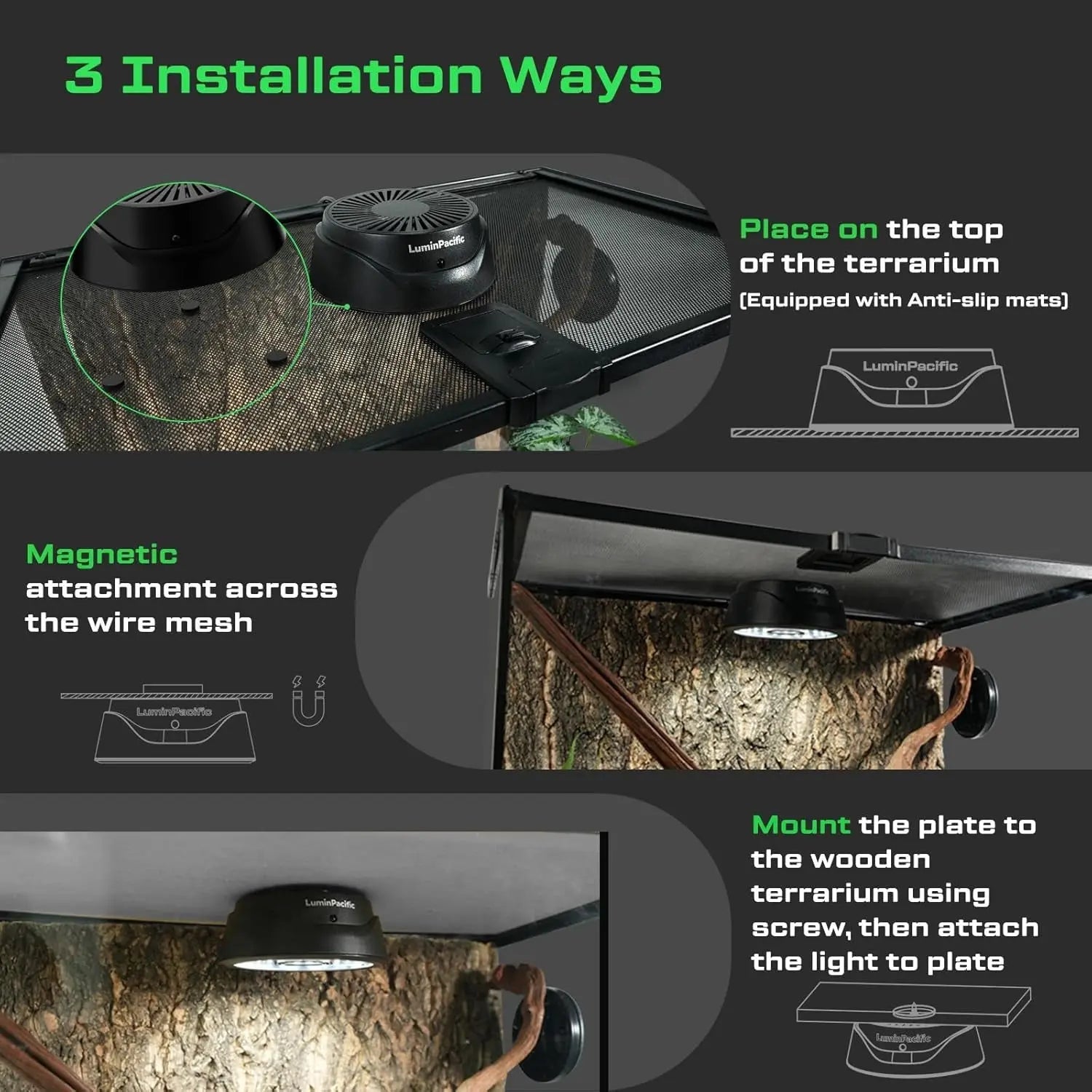 LED Reptile Light with Remote – UVA UVB FR Lamp, Timer, Dimmable (Zones 1–4)