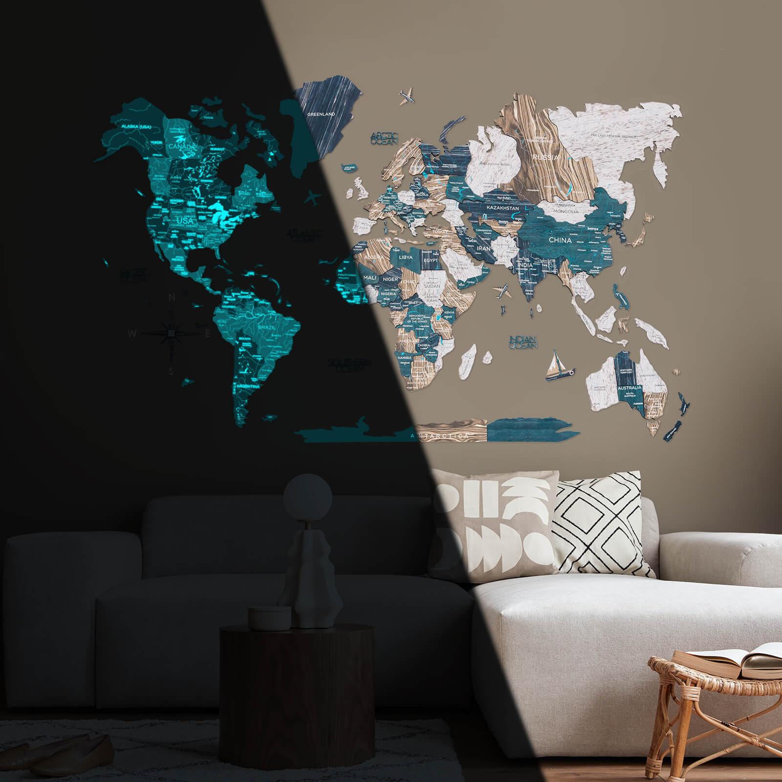 3D Luminous Colored Wooden World Map Mystery