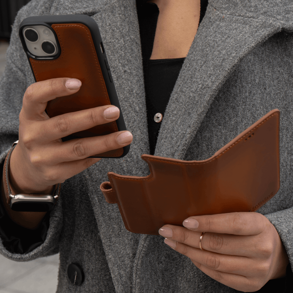 iPhone 16 Series Brown Leather Wallet Case - New York