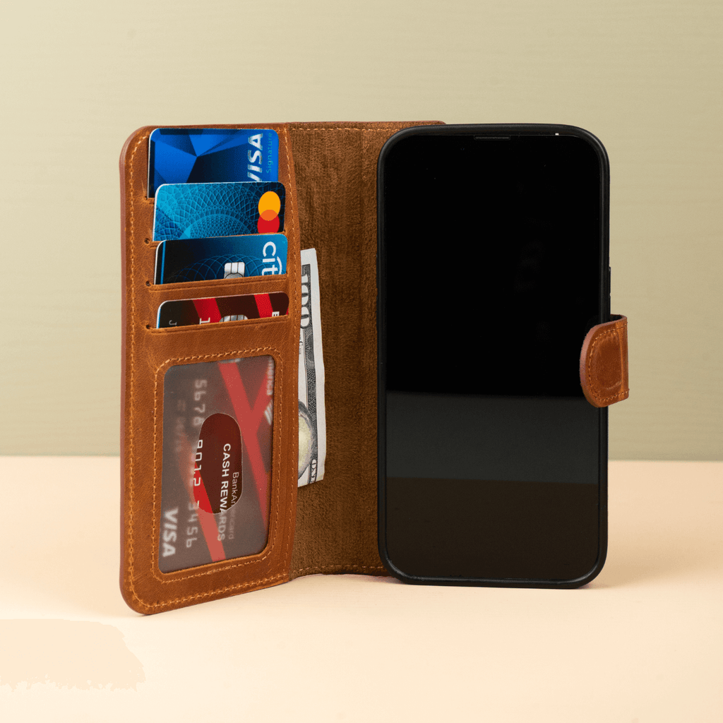 iPhone 16 Series Brown Leather Wallet Case - New York