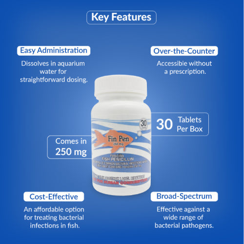 Fin Pen 250mg Tablet for Aquarium Fish – 30 Count – Water Care Support
