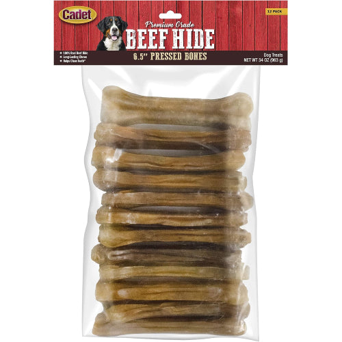 Cadet Pressed Rawhide Bones 6.5" Dog Chews Long Lasting Beef Hide 12 Pack