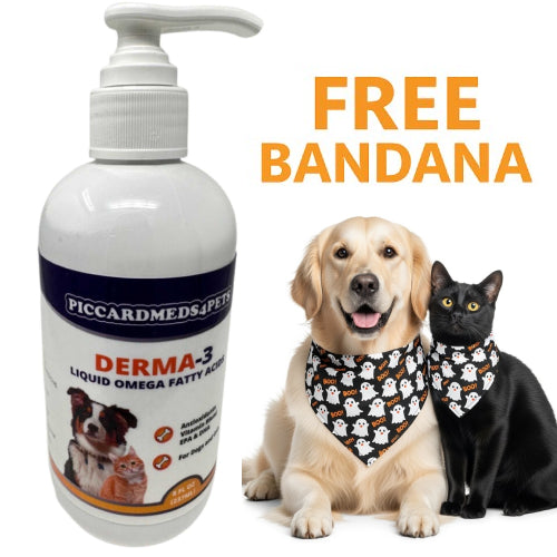 Piccardmeds4pets Derma-3 Omega-3 Liquid Supplement 8 oz Pump for Dogs & Cats + Free Bandana!