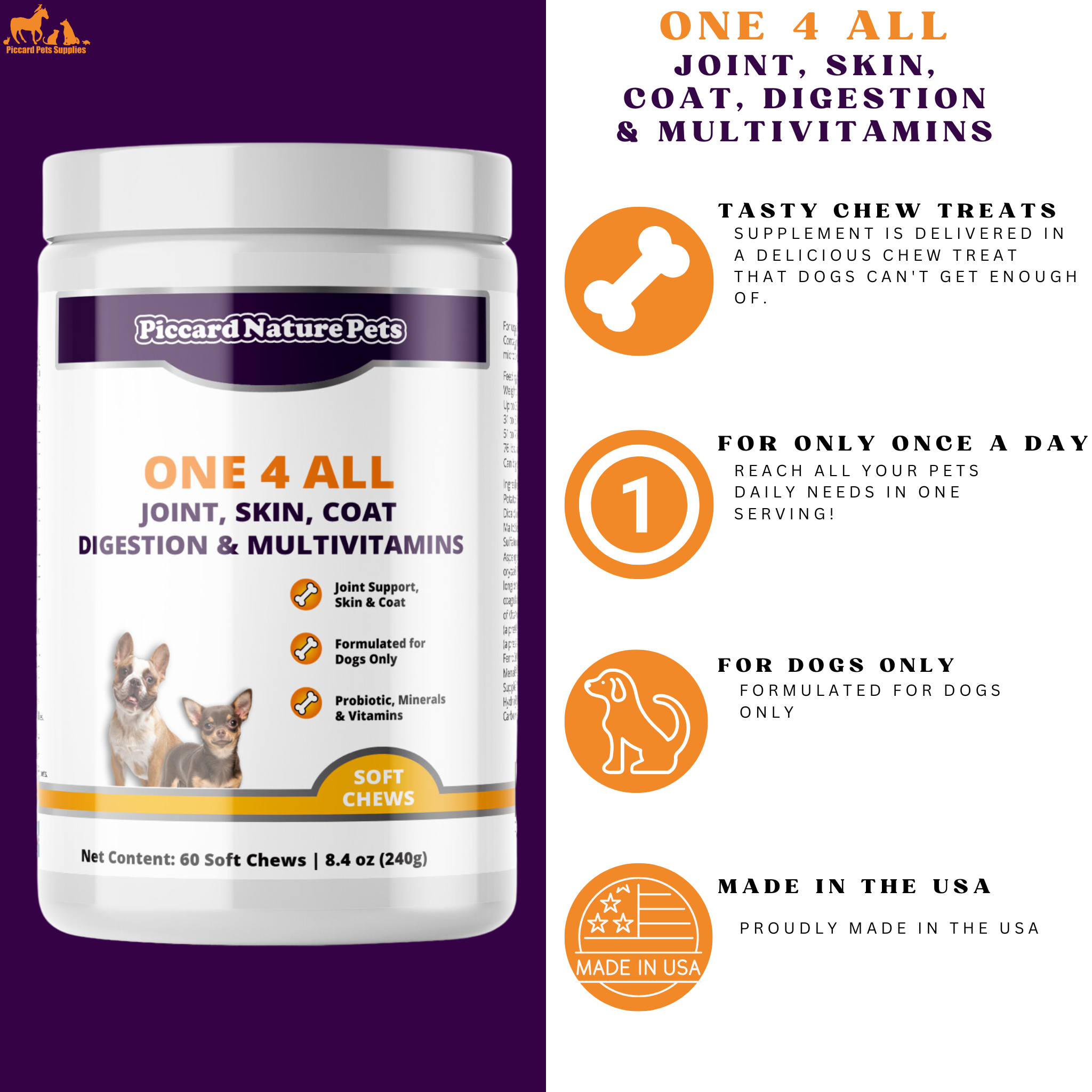 PiccardNaturePets One 4 All Dog Supplement Soft Chews 60 Count USA