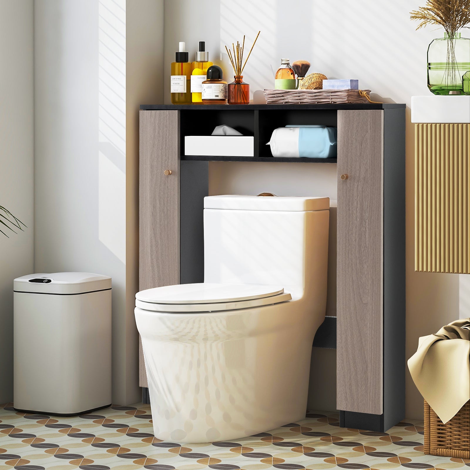 Over The Toilet Storage Cabinet with 2 Open Compartments and 4 Adjustable Shelves