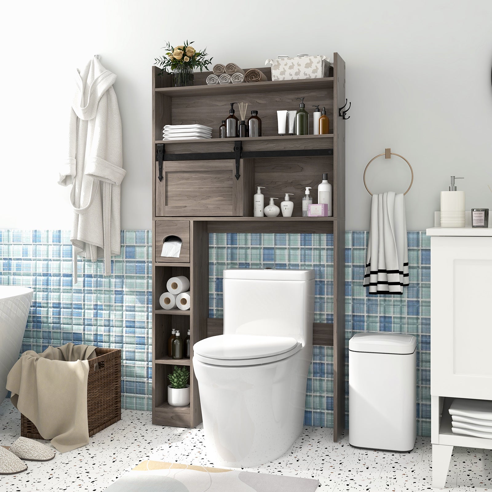 Over The Toilet Storage Cabinet with Sliding Barn Door and Adjustable Shelves