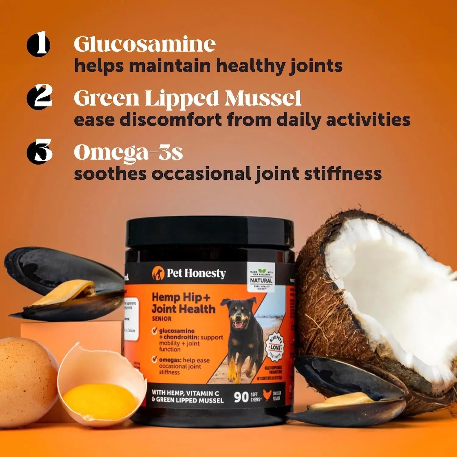 Pet Honesty Senior Hemp Hip & Joint Chews for Dogs | Mobility Support 90 Ct