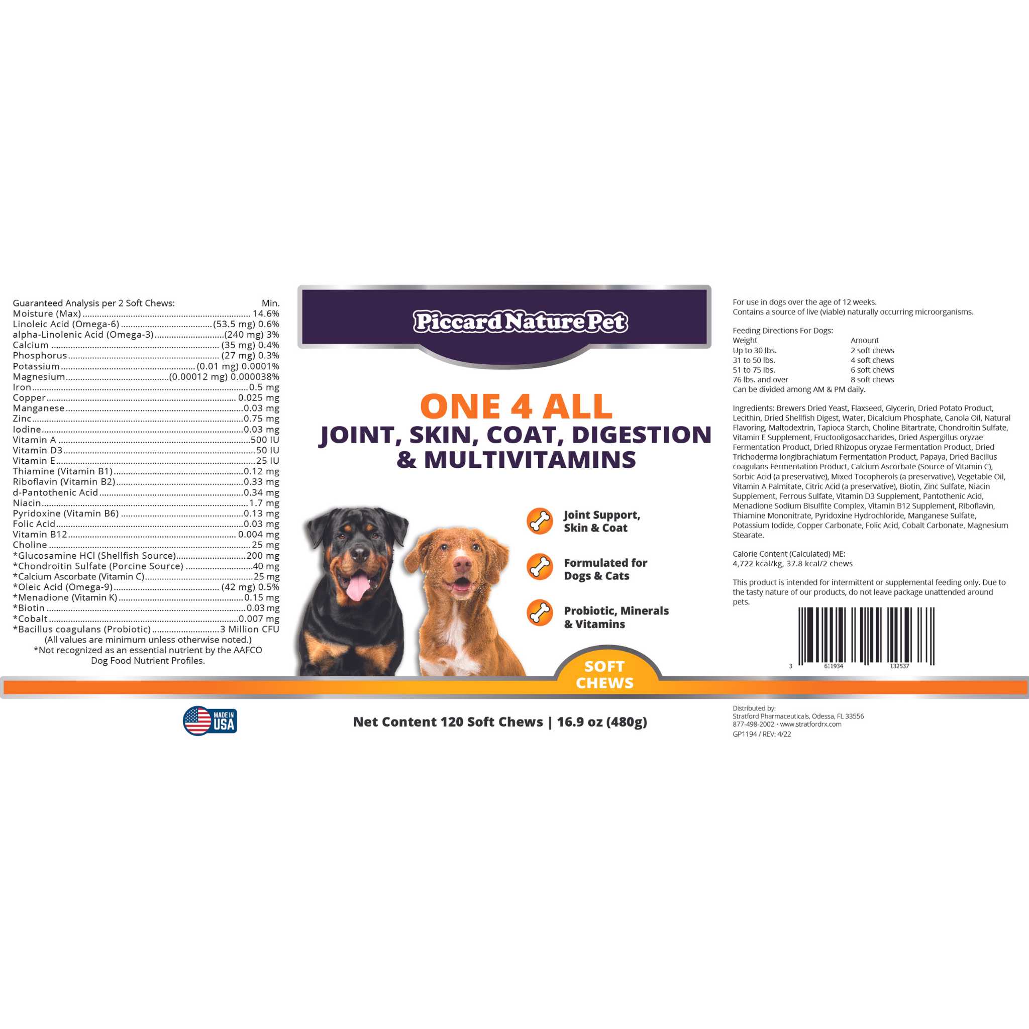 PiccardNaturePets One 4 All Dog Supplement 120 Count Soft Chews