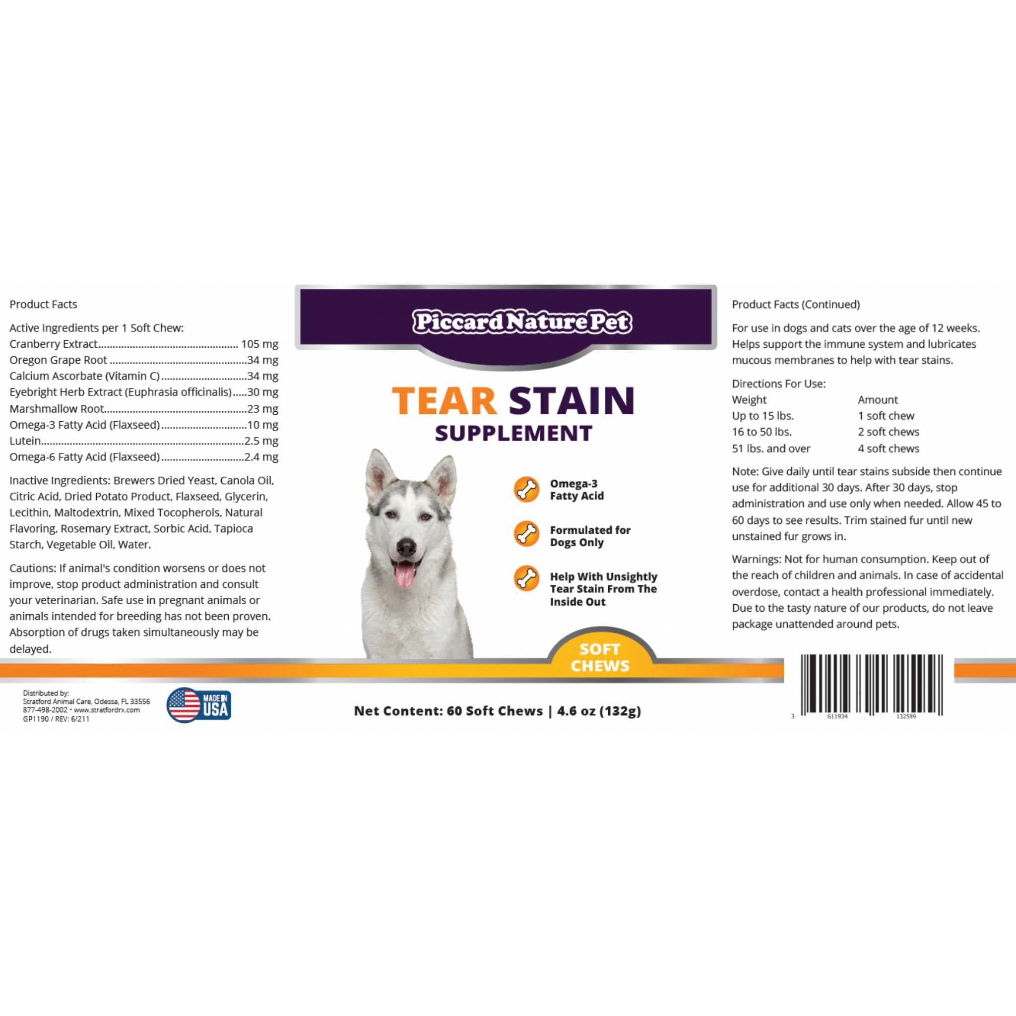 PiccardNaturePets Tear Stain Supplement with Lutein for Dogs 60 Count