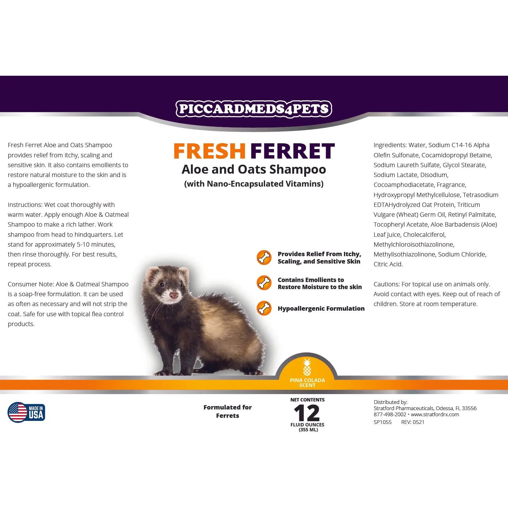 Piccardmeds4pets Fresh Ferret Aloe & Oatmeal Shampoo Gentle Care 12 oz.