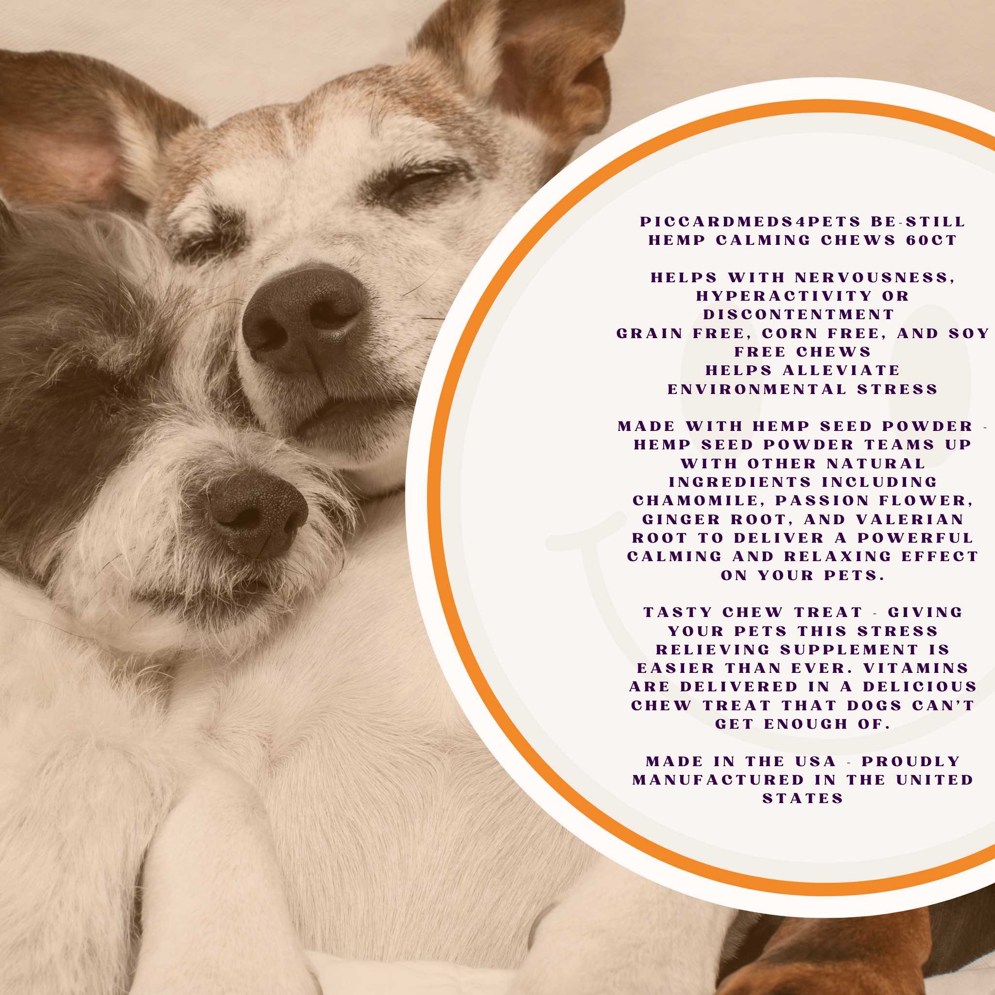 Piccardmeds4pets Be-Still Hemp Calming Chews 60ct for Dogs & Cats + FREE Bandana!