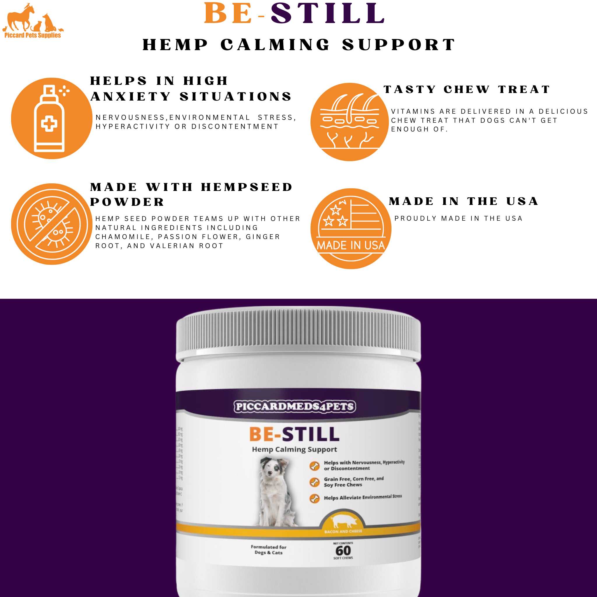 Piccardmeds4pets Be-Still Hemp Calming Chews 60ct for Dogs & Cats + FREE Bandana!