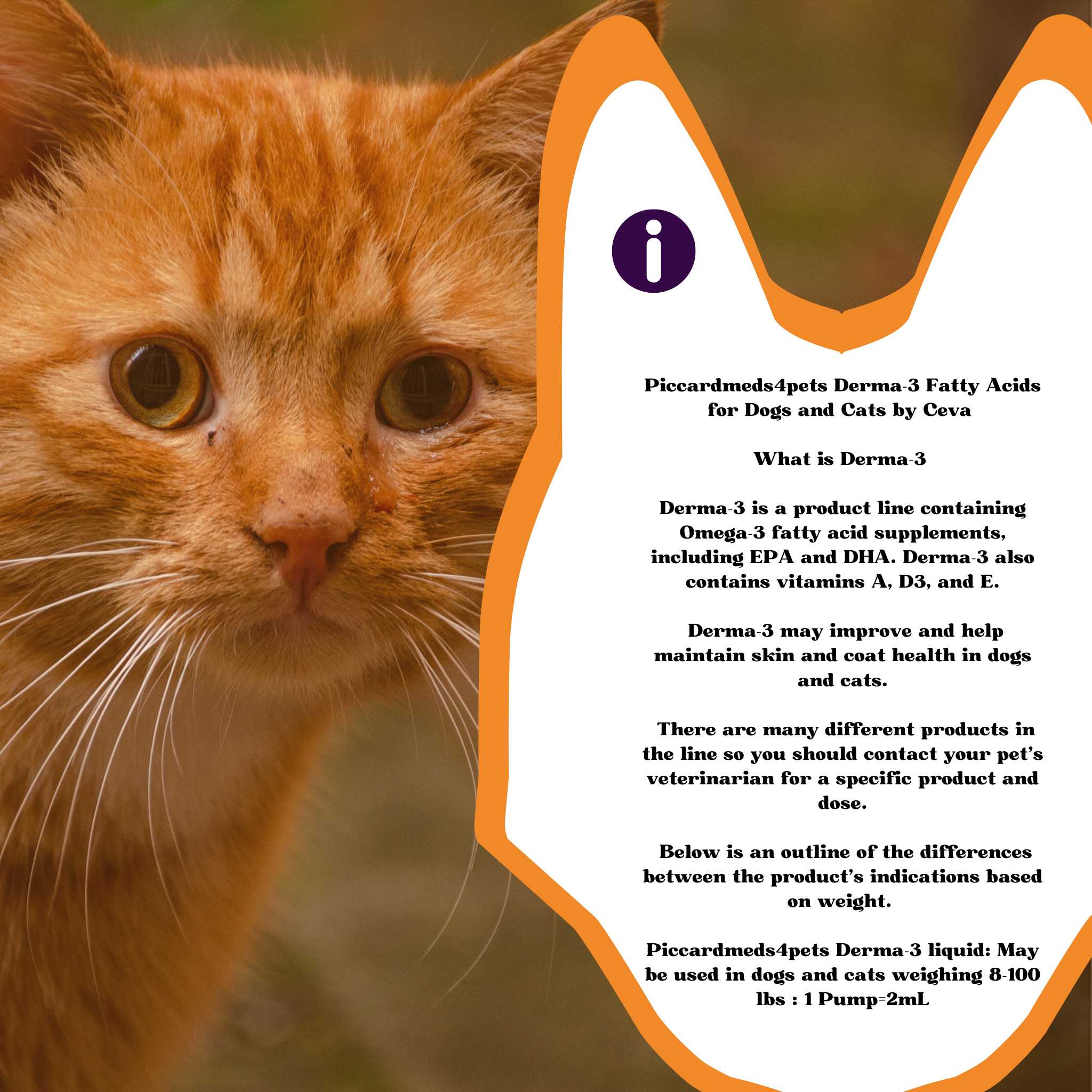 Piccardmeds4pets Derma-3 Omega-3 Liquid Supplement 8 oz Pump for Dogs & Cats + Free Bandana!