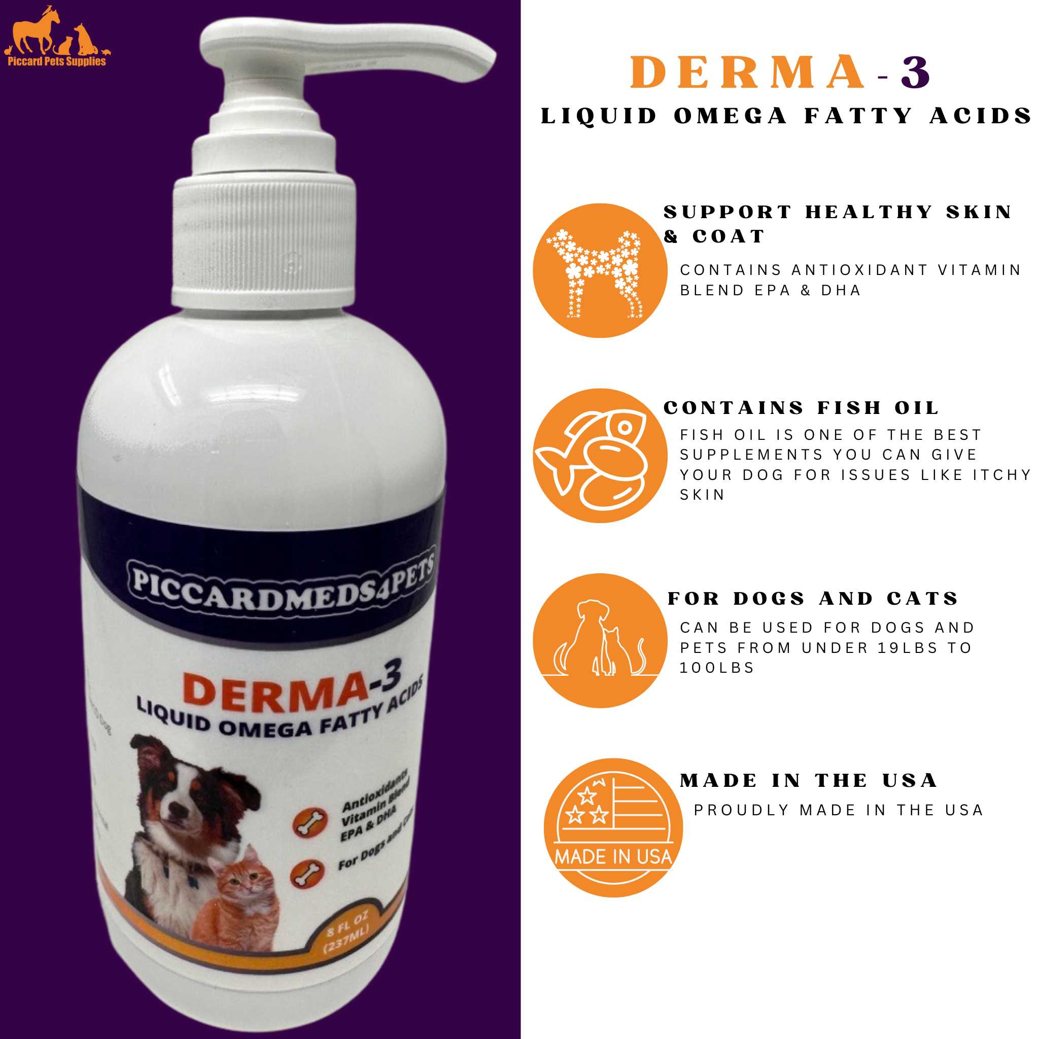 Piccardmeds4pets Derma-3 Omega-3 Liquid Supplement 8 oz Pump for Dogs & Cats + Free Bandana!