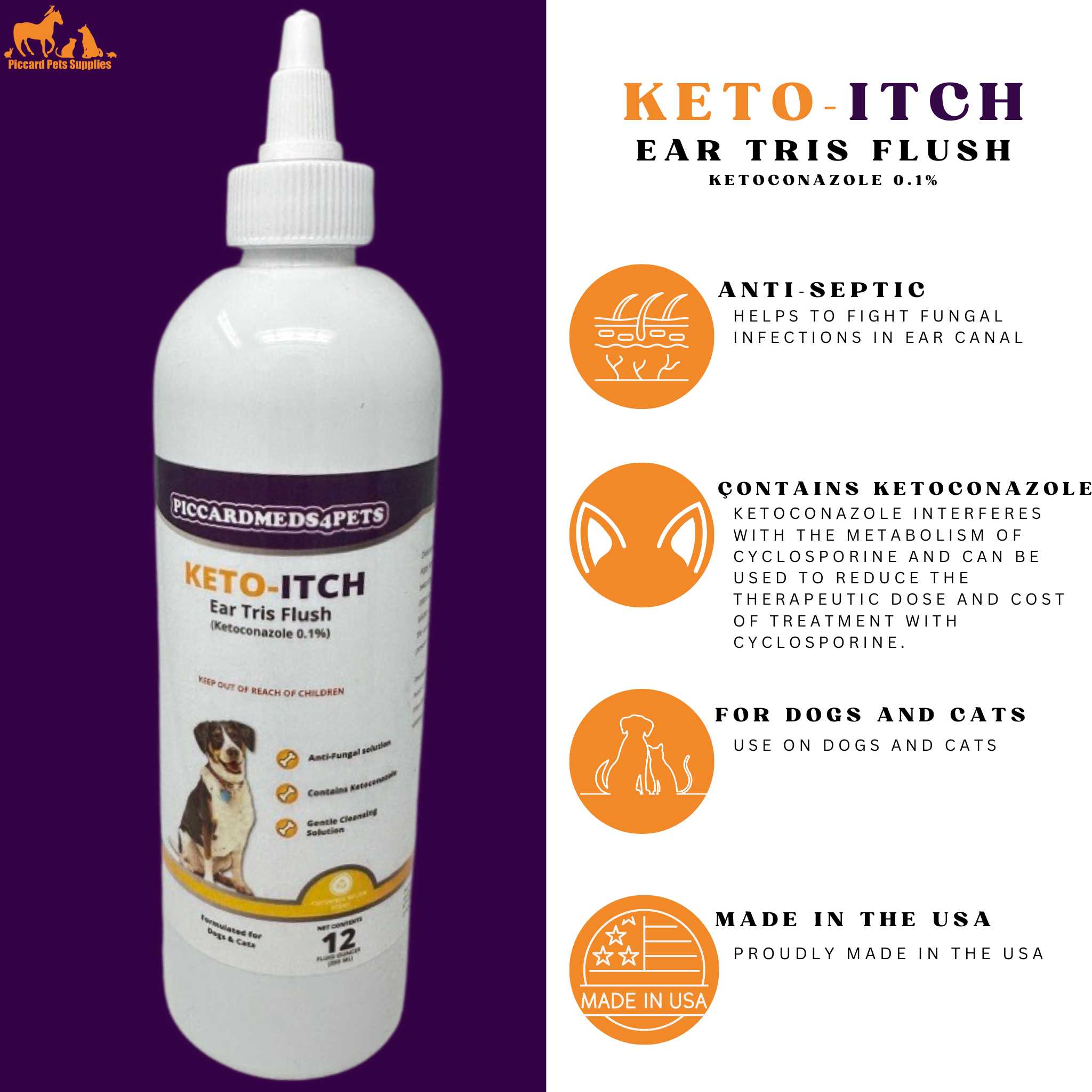Piccardmeds4pets Keto-Itch Anti-Fungal Ear Flush for Dogs & Cats 12 oz. + FREE Bandana!