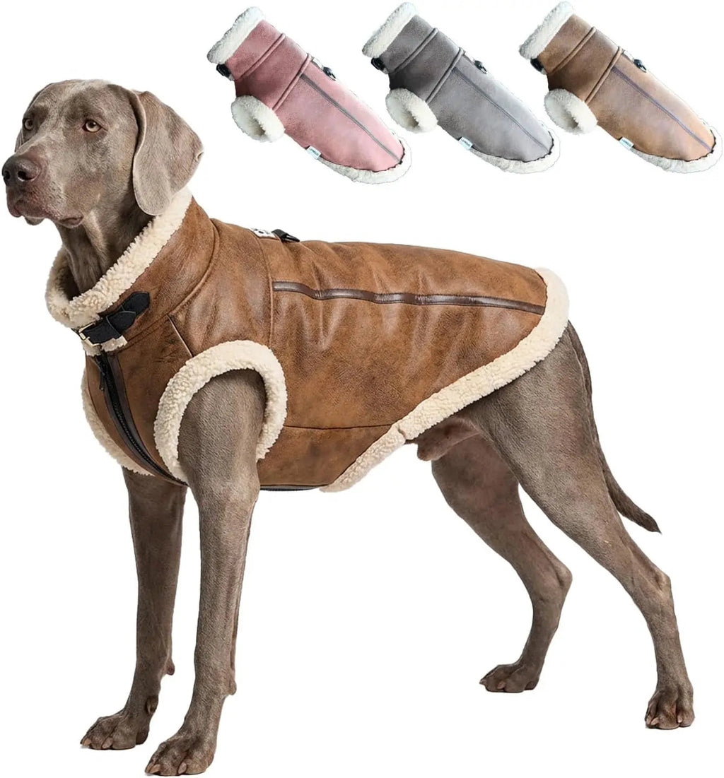 Retro Aviator Dog Jacket – Faux Leather Sherpa Coat